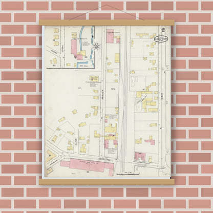 Old map wall art mockup — magnetic wood frame on brick wall — Sanborn Fire Insurance Map from Clinton, Worcester County, Massachusetts (1894), Sheet #0002