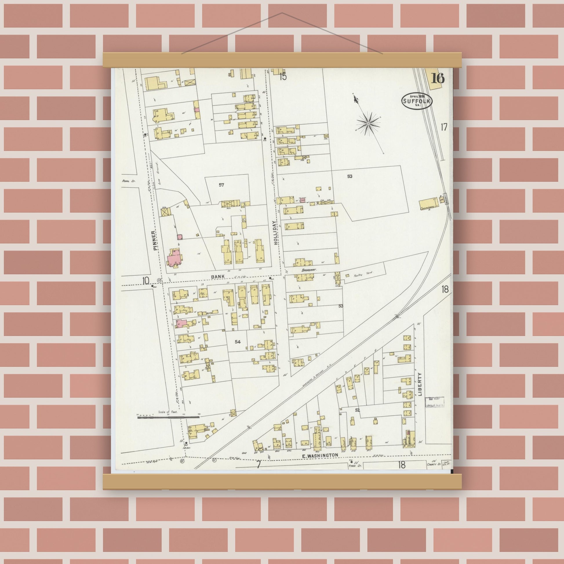 Old map wall art mockup — magnetic wood frame on brick wall — Sanborn Fire Insurance Map from Suffolk, Independent Cities, Virginia (1898), Sheet #0016