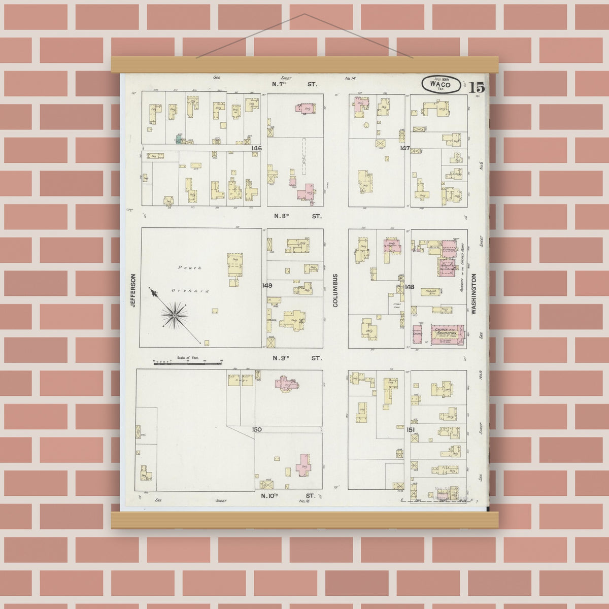Old map wall art mockup — magnetic wood frame on brick wall — Sanborn Fire Insurance Map from Waco, McLennan County, Texas (1889), Sheet #0015