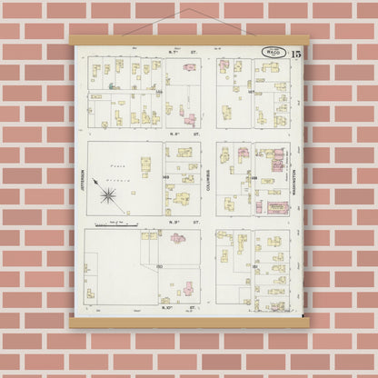 Old map wall art mockup — magnetic wood frame on brick wall — Sanborn Fire Insurance Map from Waco, McLennan County, Texas (1889), Sheet #0015