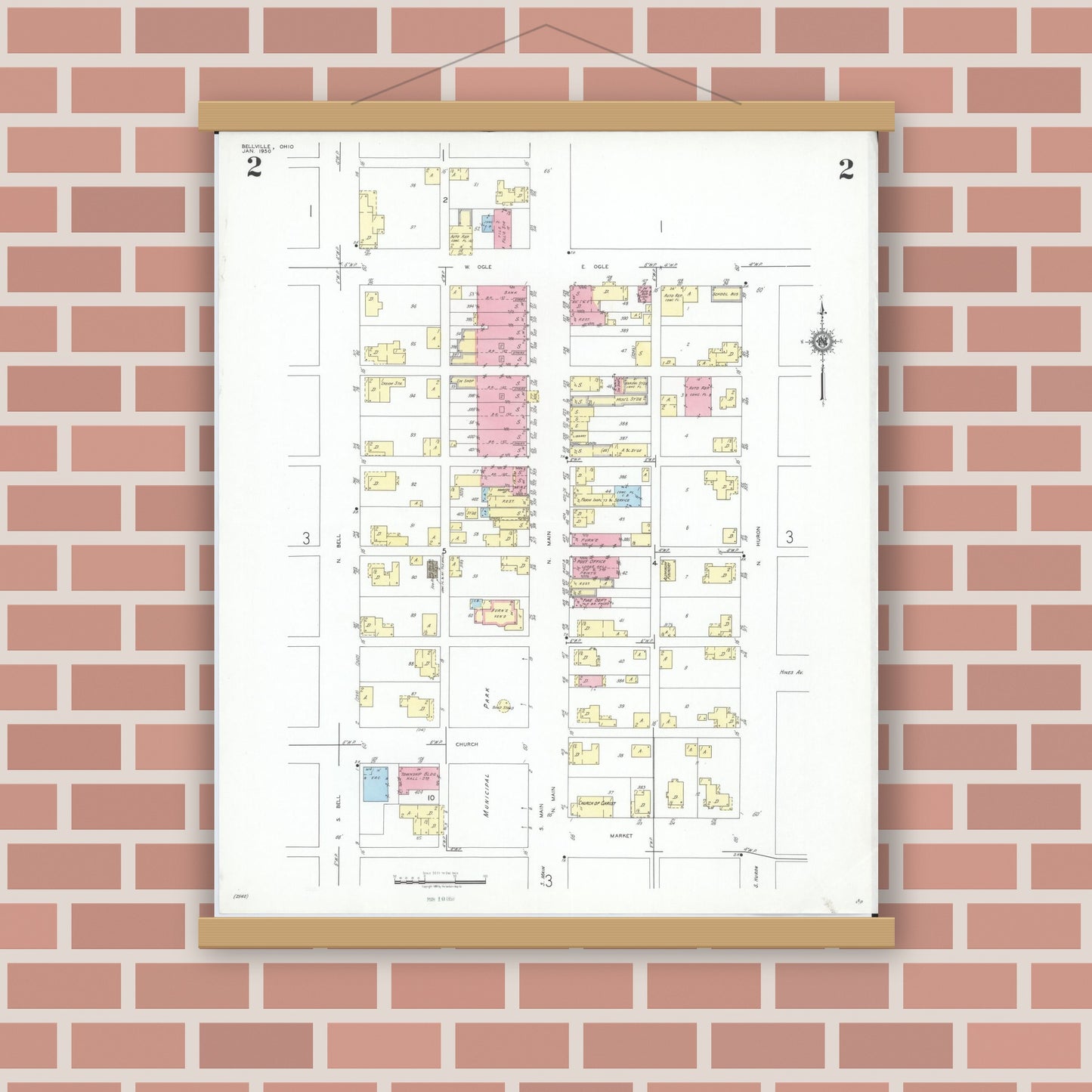 Old map wall art mockup — magnetic wood frame on brick wall — Sanborn Fire Insurance Map from Bellville, Richland County, Ohio (1950), Sheet #0002