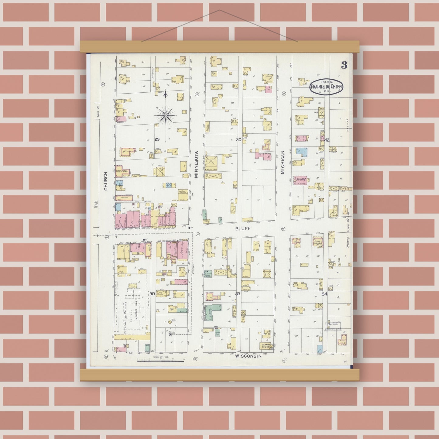 Old map wall art mockup — magnetic wood frame on brick wall — Sanborn Fire Insurance Map from Prairie du Chien, Crawford County, Wisconsin (1892), Sheet #0003