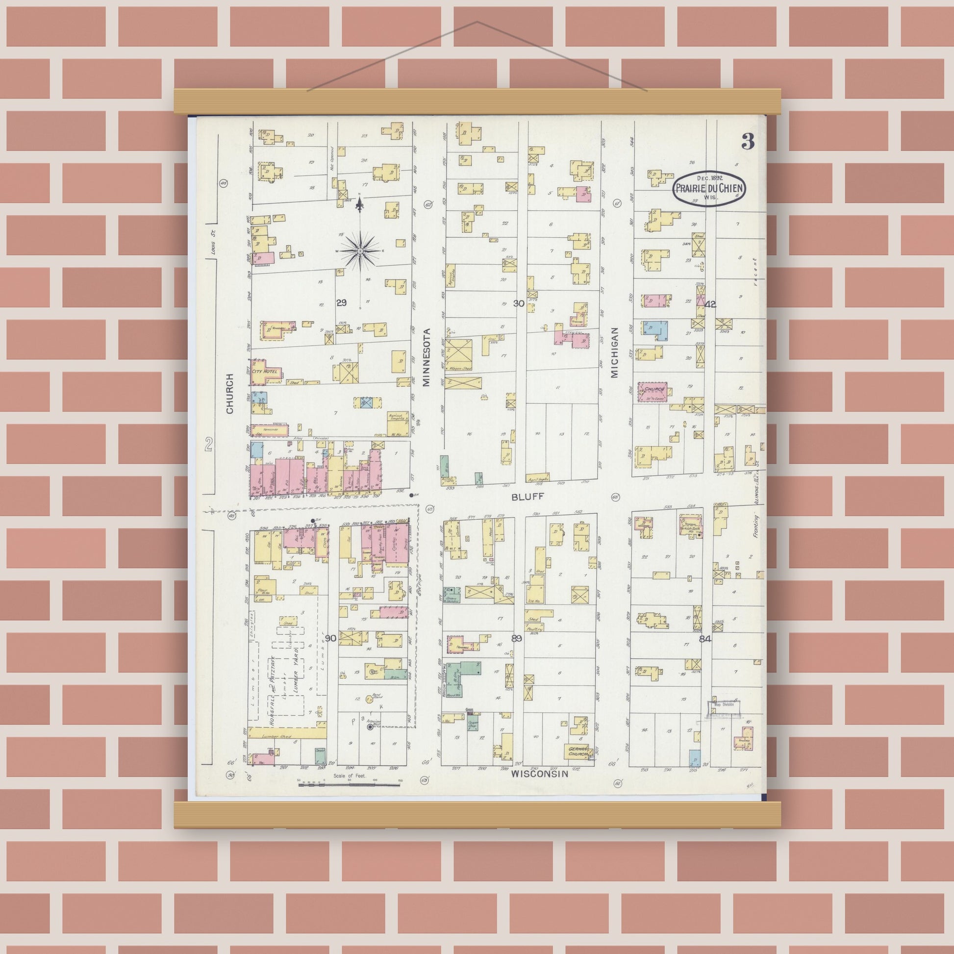 Old map wall art mockup — magnetic wood frame on brick wall — Sanborn Fire Insurance Map from Prairie du Chien, Crawford County, Wisconsin (1892), Sheet #0003