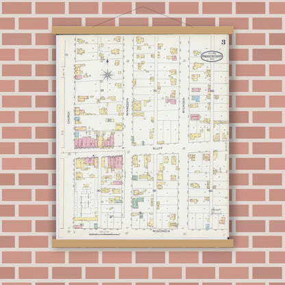 Old map wall art mockup — magnetic wood frame on brick wall — Sanborn Fire Insurance Map from Prairie du Chien, Crawford County, Wisconsin (1892), Sheet #0003