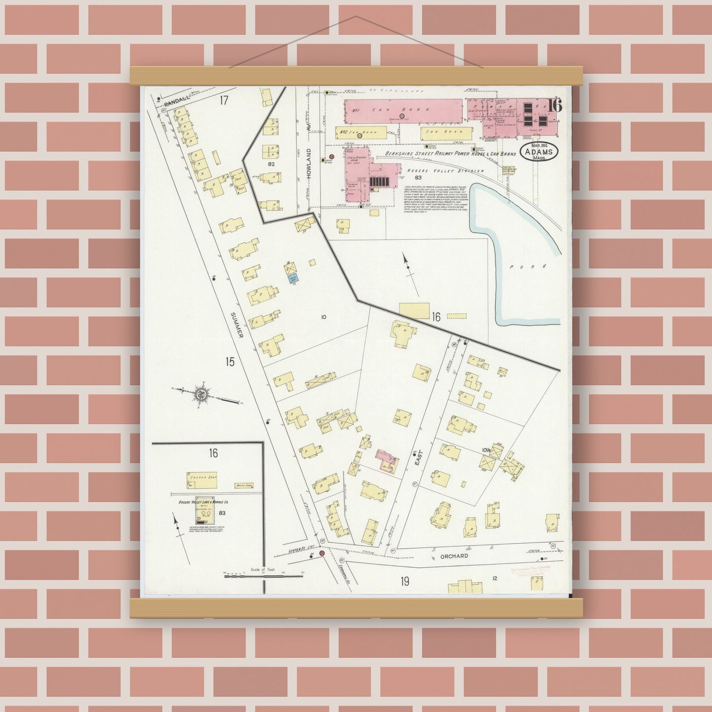 Old map wall art mockup — magnetic wood frame on brick wall — Sanborn Fire Insurance Map from Adams, Berkshire County, Massachusetts (1914), Sheet #0016
