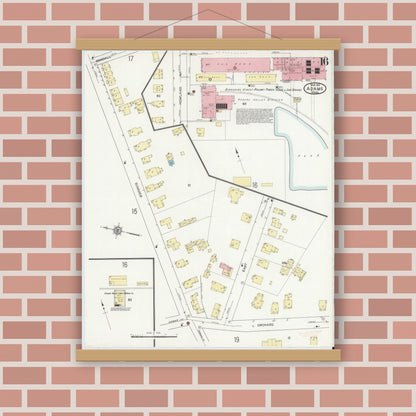 Old map wall art mockup — magnetic wood frame on brick wall — Sanborn Fire Insurance Map from Adams, Berkshire County, Massachusetts (1914), Sheet #0016