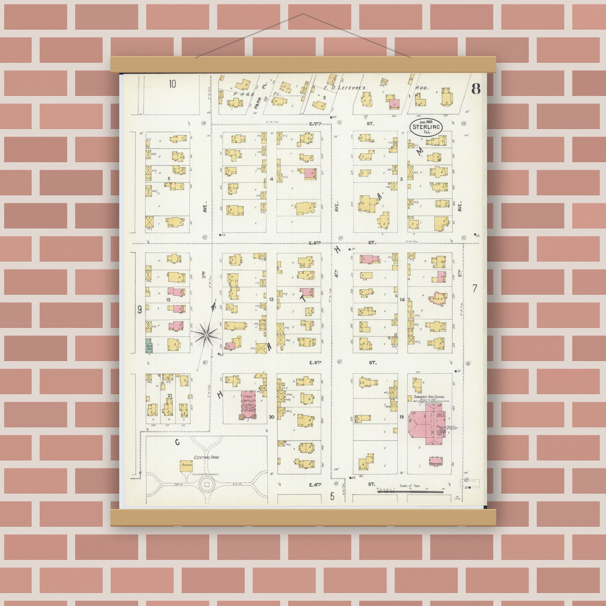 Old map wall art mockup — magnetic wood frame on brick wall — Sanborn Fire Insurance Map from Sterling, Whiteside County, Illinois (1903), Sheet #0008