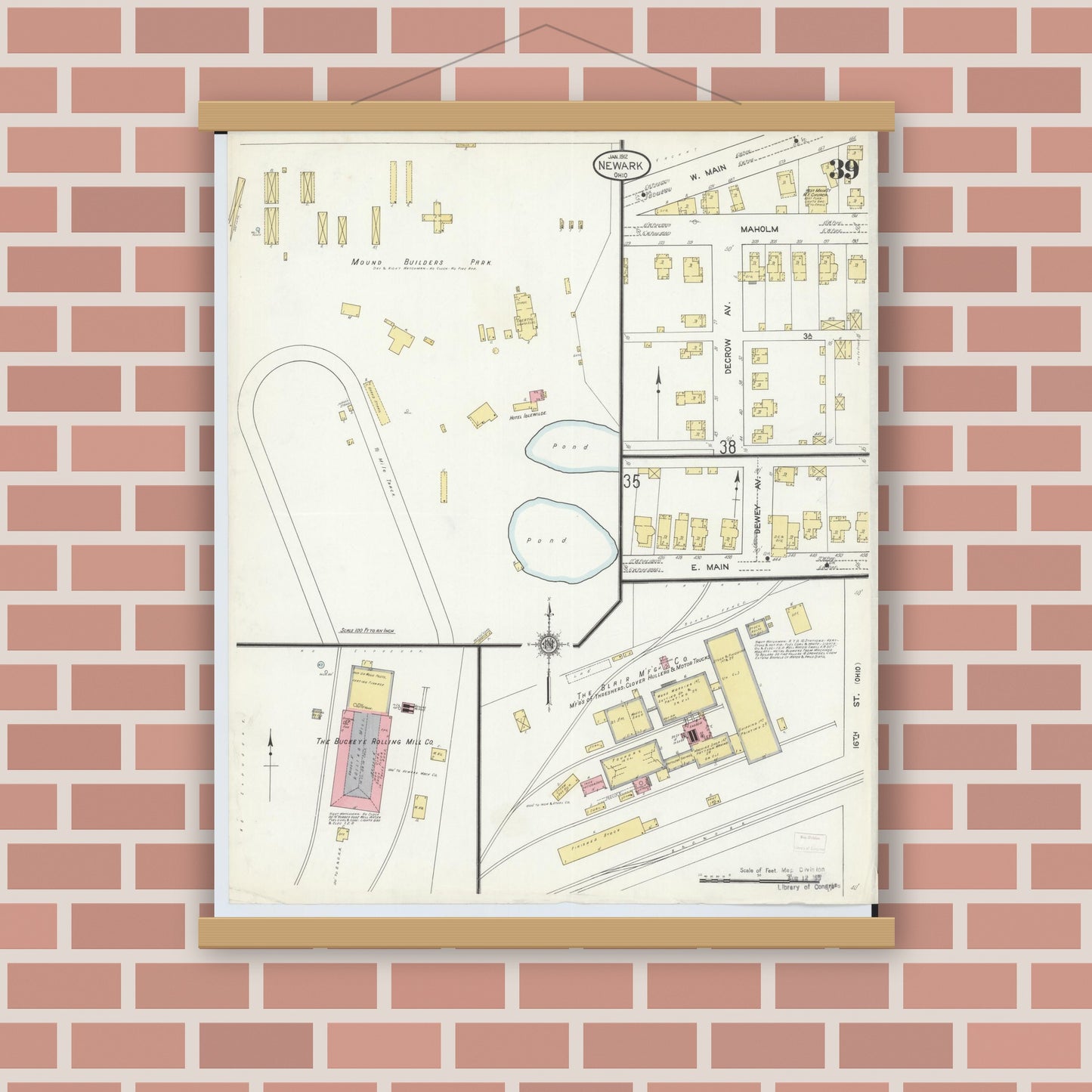 Old map wall art mockup — magnetic wood frame on brick wall — Sanborn Fire Insurance Map from Newark, Licking County, Ohio (1912), Sheet #0039