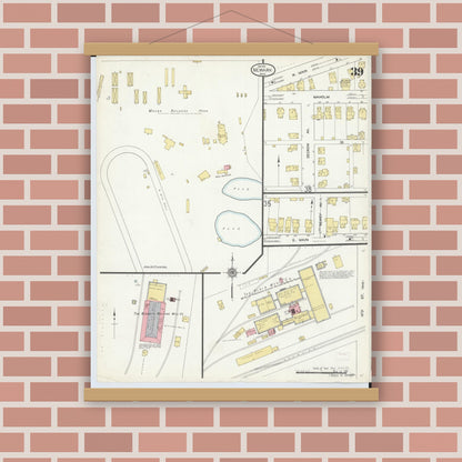 Old map wall art mockup — magnetic wood frame on brick wall — Sanborn Fire Insurance Map from Newark, Licking County, Ohio (1912), Sheet #0039