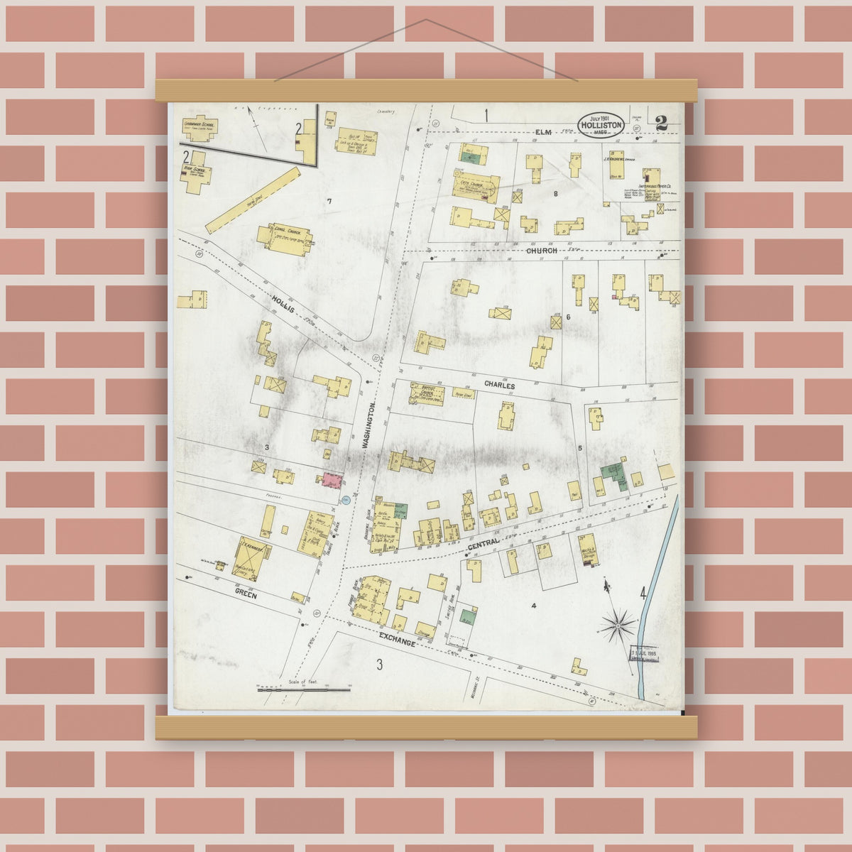 Old map wall art mockup — magnetic wood frame on brick wall — Sanborn Fire Insurance Map from Holliston, Middlesex County, Massachusetts (1901), Sheet #0002