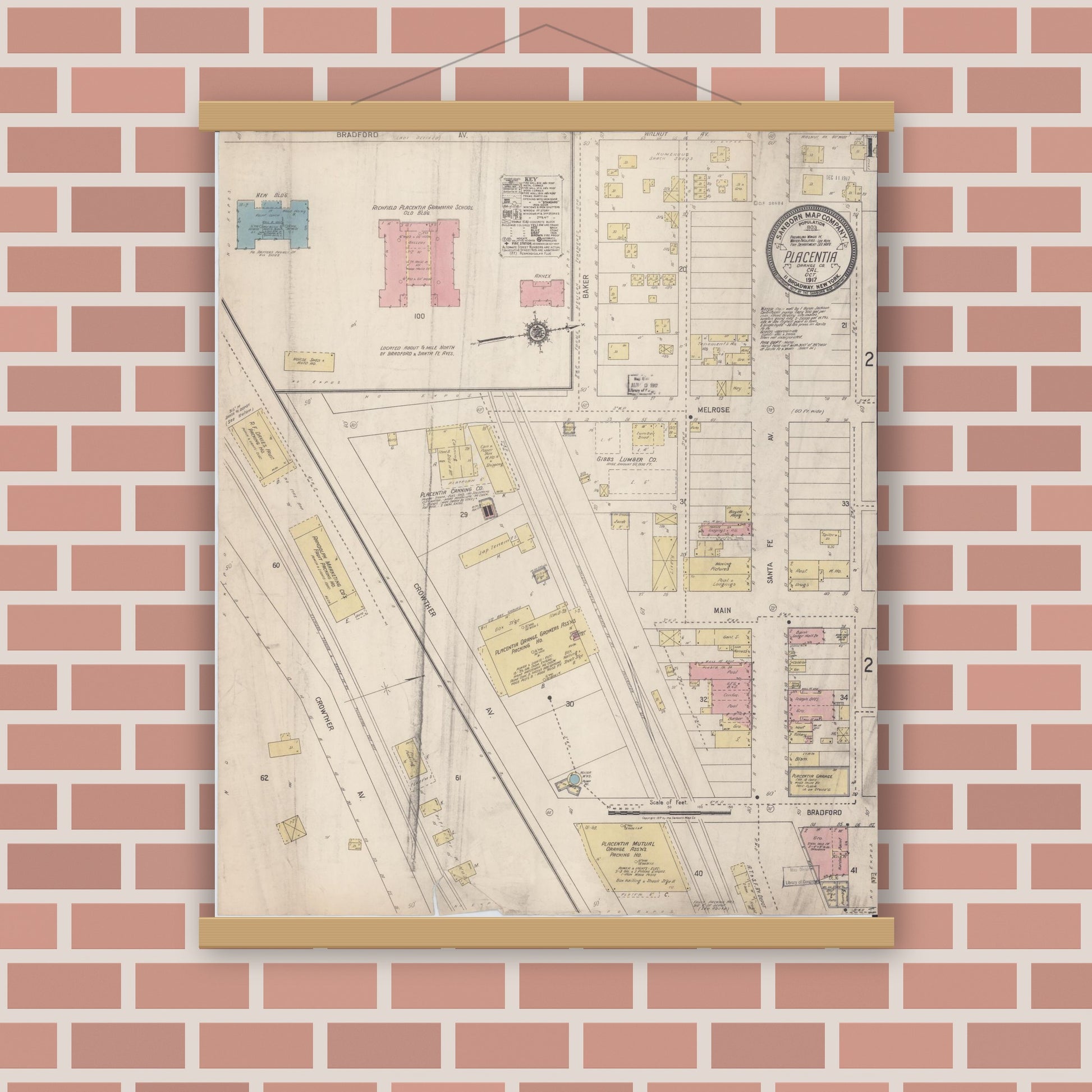 Old map wall art mockup — magnetic wood frame on brick wall — Sanborn Fire Insurance Map from Placentia, Orange County, California (1917) - Complete Map Set