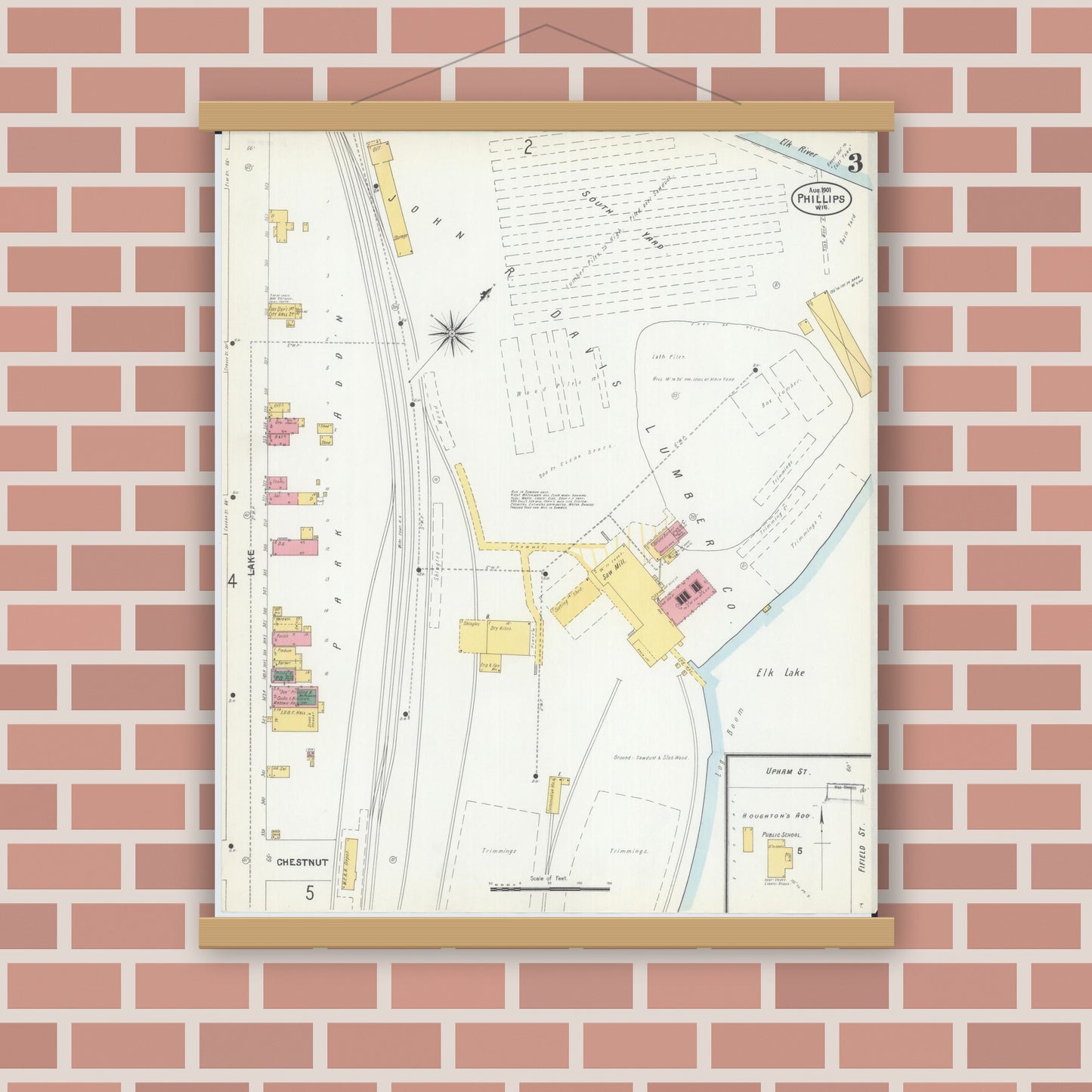 Old map wall art mockup — magnetic wood frame on brick wall — Sanborn Fire Insurance Map from Phillips, Price County, Wisconsin (1901), Sheet #0003