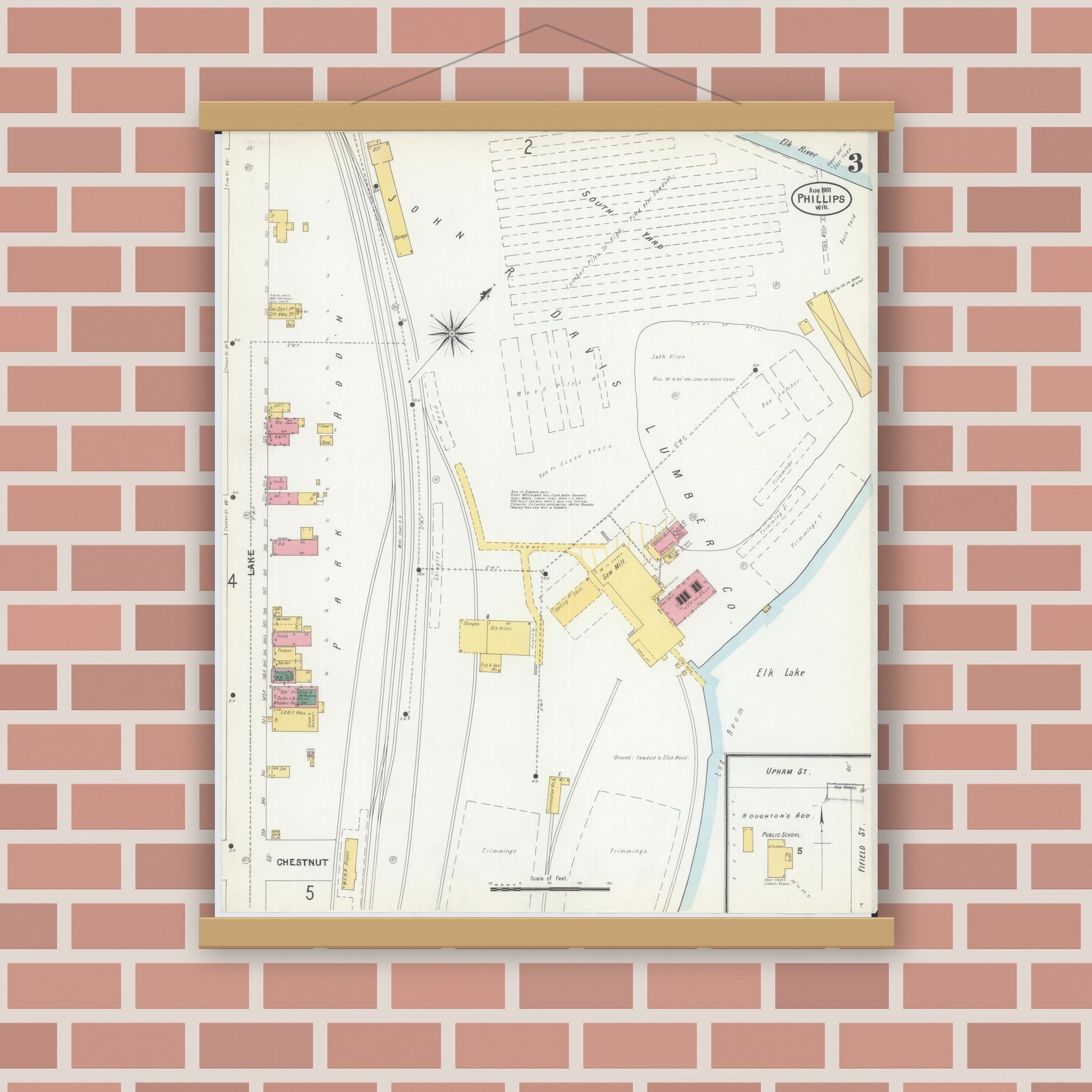 Old map wall art mockup — magnetic wood frame on brick wall — Sanborn Fire Insurance Map from Phillips, Price County, Wisconsin (1901), Sheet #0003