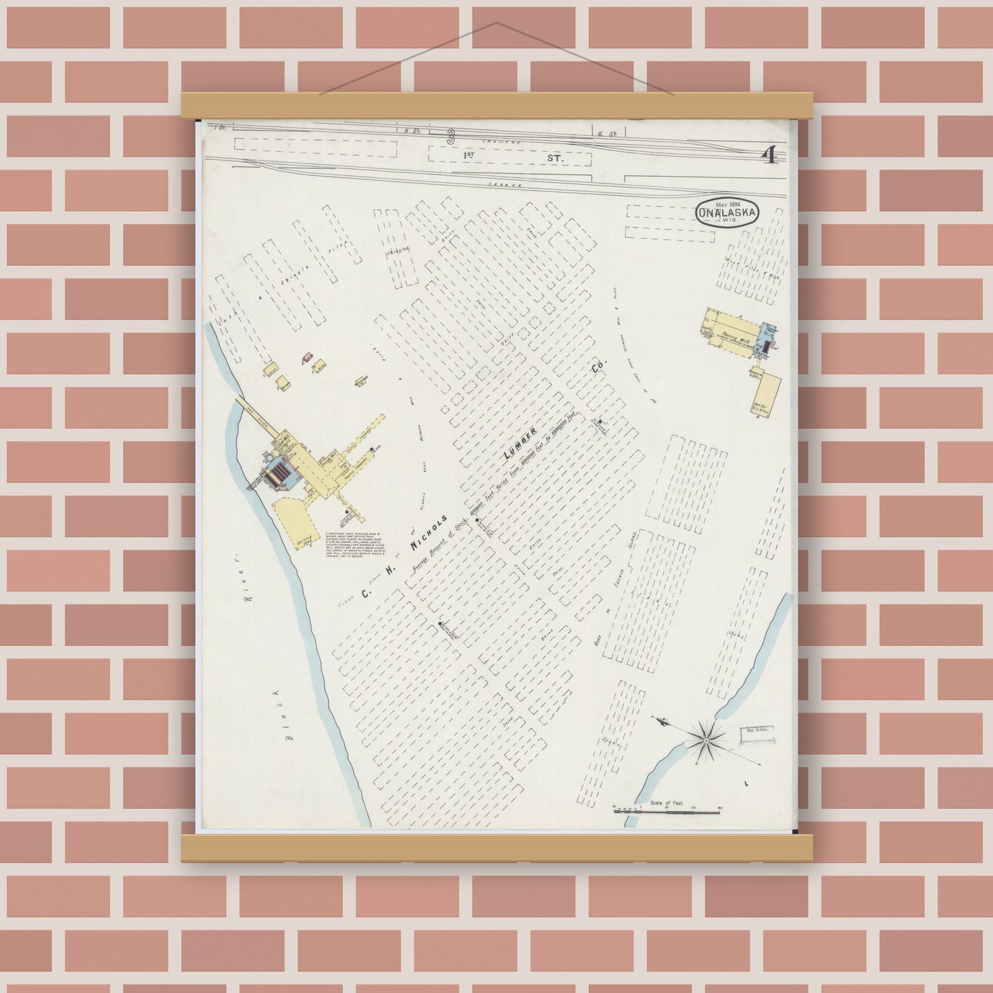 Old map wall art mockup — magnetic wood frame on brick wall — Sanborn Fire Insurance Map from Onalaska, La Crosse County, Wisconsin (1894), Sheet #0004