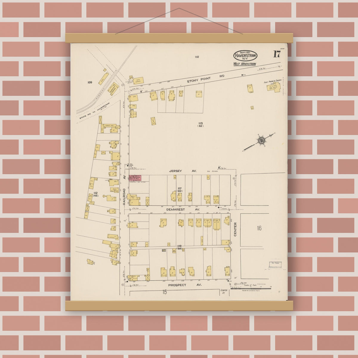 Old map wall art mockup — magnetic wood frame on brick wall — Sanborn Fire Insurance Map from Haverstraw, Rockland County, New York (1921), Sheet #0017
