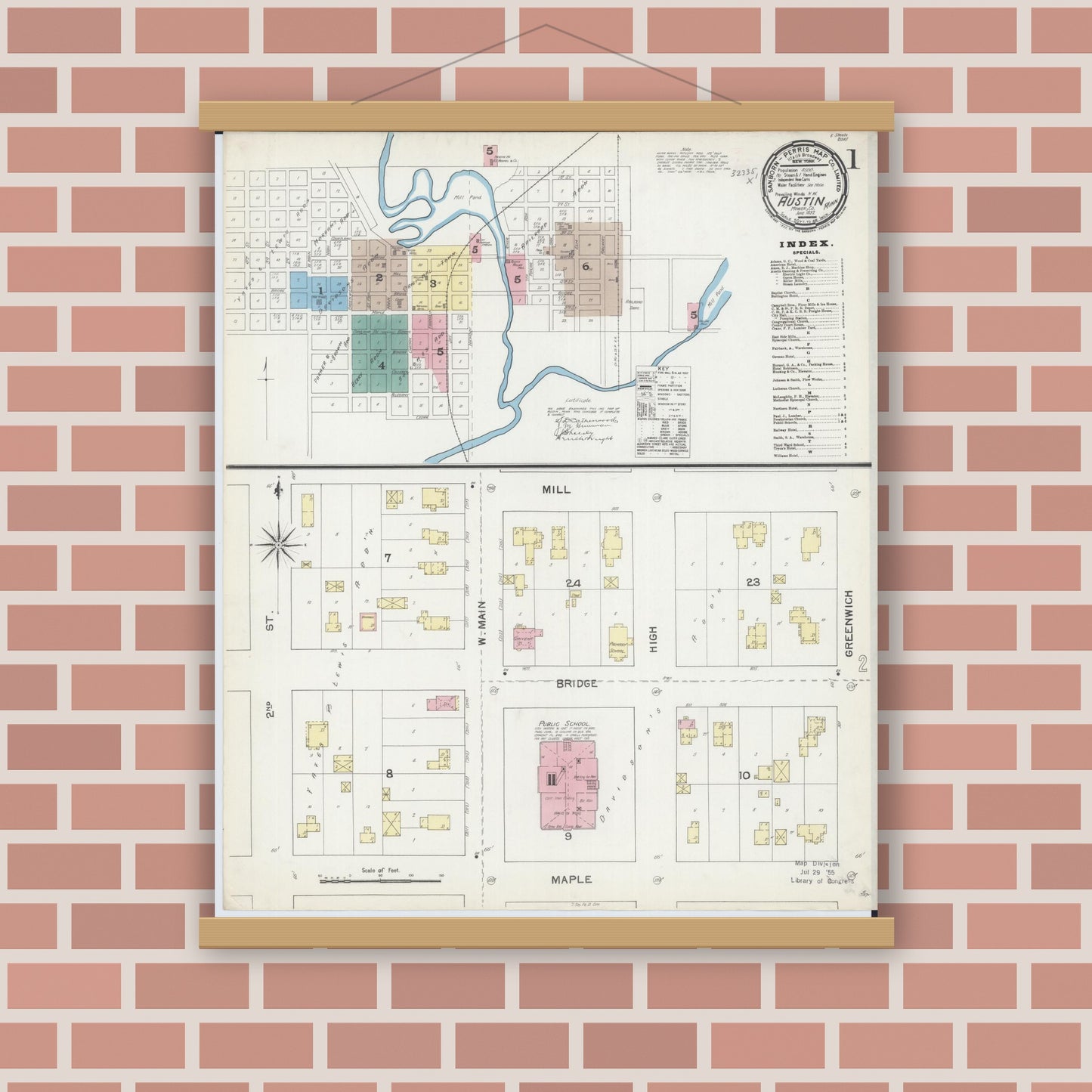 Old map wall art mockup — magnetic wood frame on brick wall — Sanborn Fire Insurance Map from Austin, Mower County, Minnesota (1892) - Complete Map Set