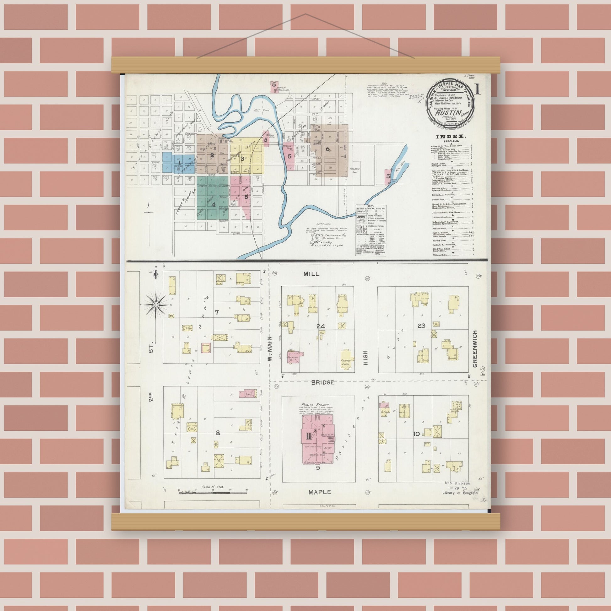 Old map wall art mockup — magnetic wood frame on brick wall — Sanborn Fire Insurance Map from Austin, Mower County, Minnesota (1892) - Complete Map Set