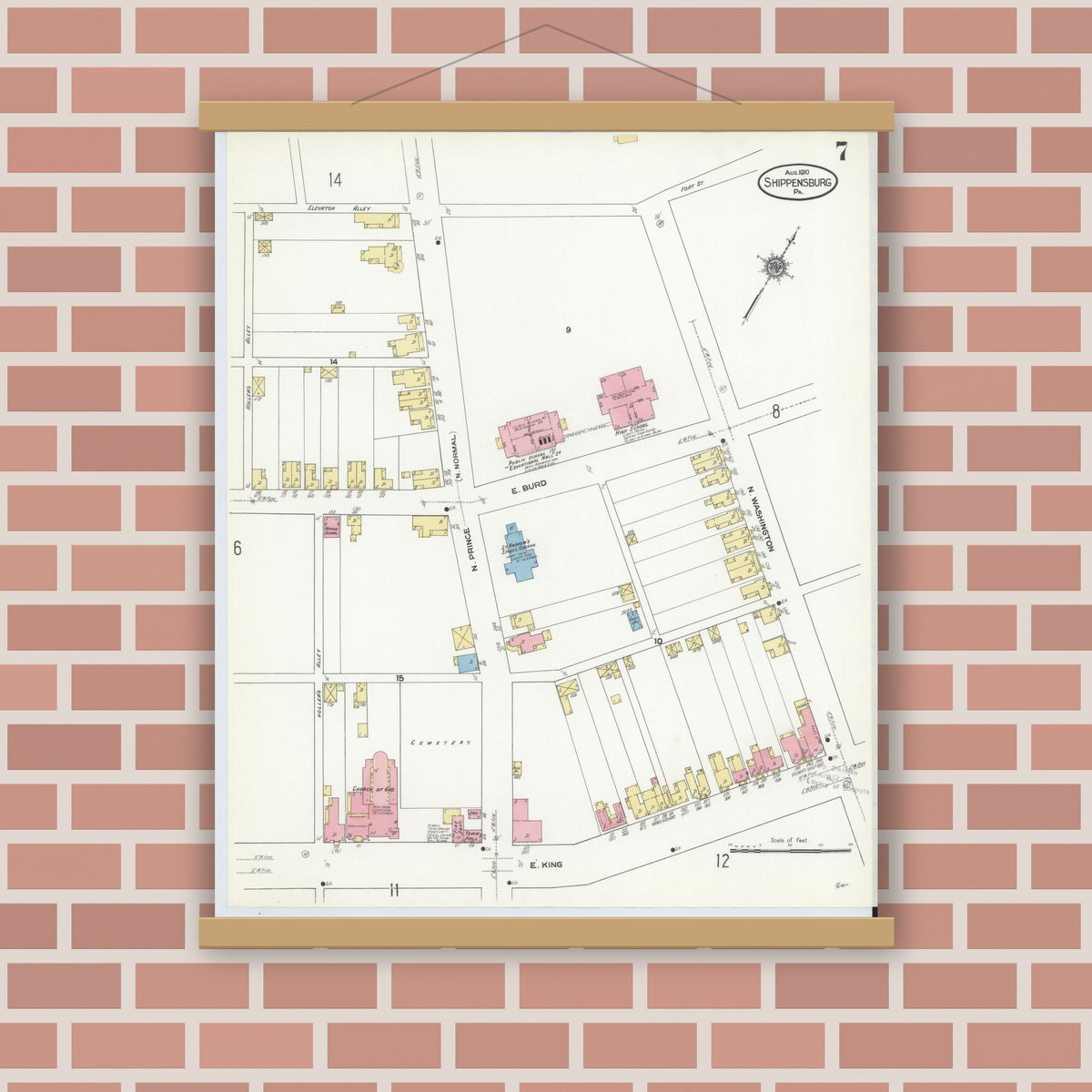 Old map wall art mockup — magnetic wood frame on brick wall — Sanborn Fire Insurance Map from Shippensburg, Cumberland And Franklin Counties, Pennsylvania (1910), Sheet #0007