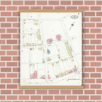 Old map wall art mockup — magnetic wood frame on brick wall — Sanborn Fire Insurance Map from Shippensburg, Cumberland And Franklin Counties, Pennsylvania (1910), Sheet #0007