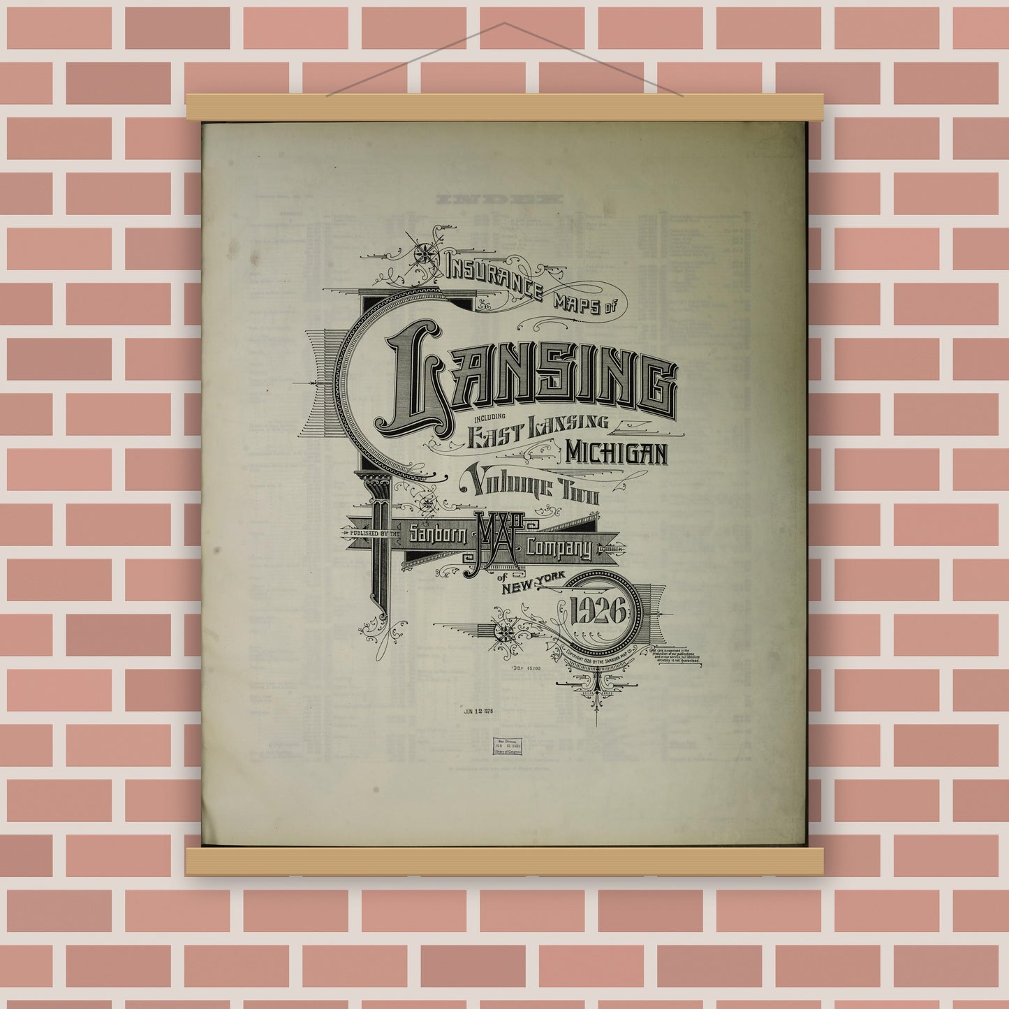 Old map wall art mockup — magnetic wood frame on brick wall — Sanborn Fire Insurance Map from Lansing, Ingham County, Michigan (1926), Sheet #0001