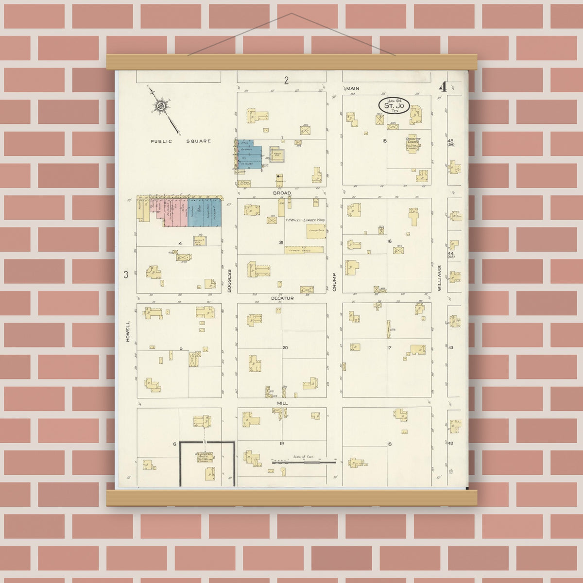 Old map wall art mockup — magnetic wood frame on brick wall — Sanborn Fire Insurance Map from Saint Jo, Montague County, Texas (1914), Sheet #0004