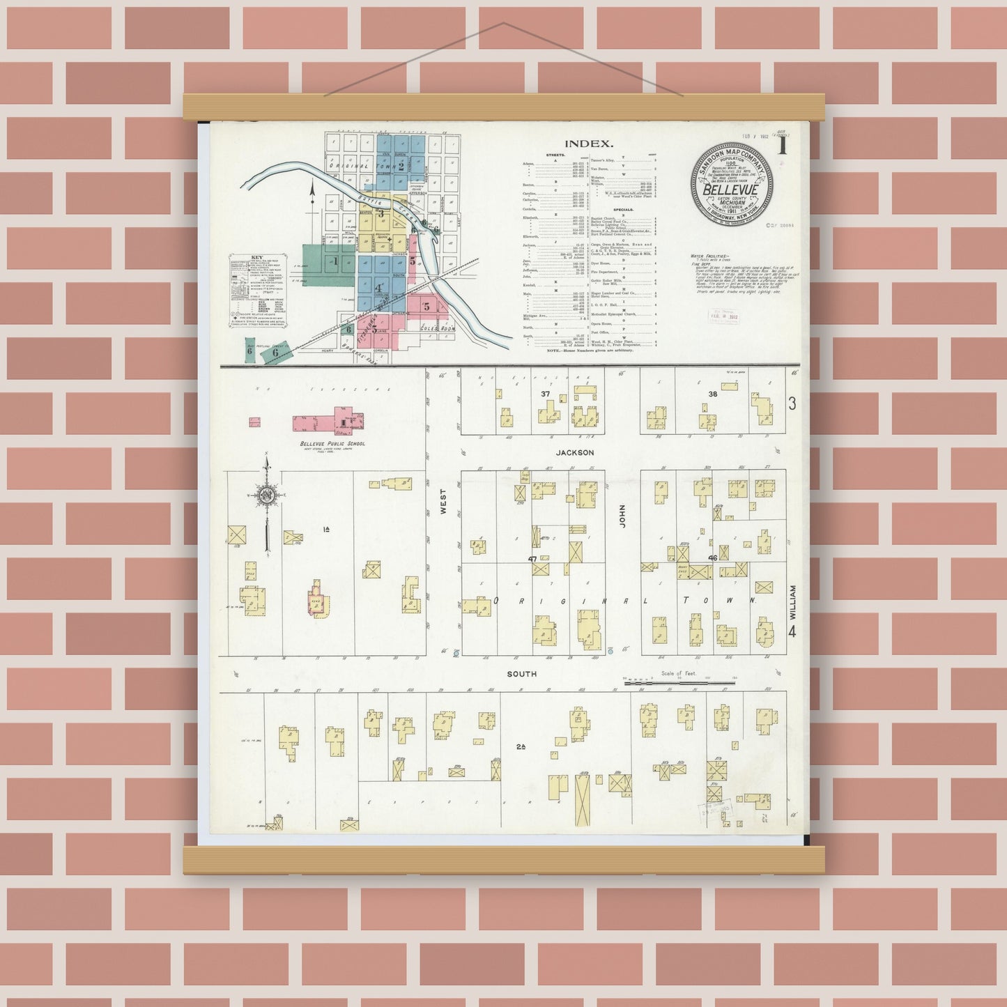 Old map wall art mockup — magnetic wood frame on brick wall — Sanborn Fire Insurance Map from Bellevue, Eaton County, Michigan (1911), Sheet #0001
