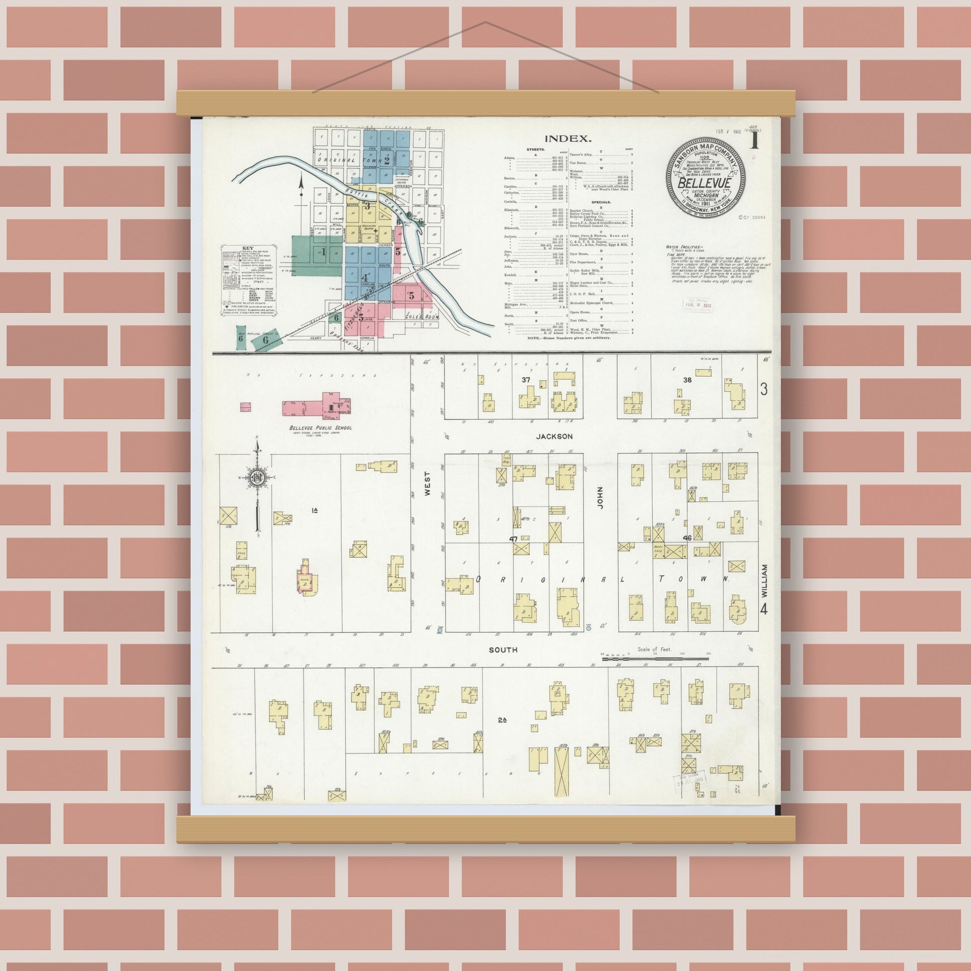 Old map wall art mockup — magnetic wood frame on brick wall — Sanborn Fire Insurance Map from Bellevue, Eaton County, Michigan (1911), Sheet #0001