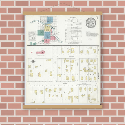 Old map wall art mockup — magnetic wood frame on brick wall — Sanborn Fire Insurance Map from Bellevue, Eaton County, Michigan (1911), Sheet #0001