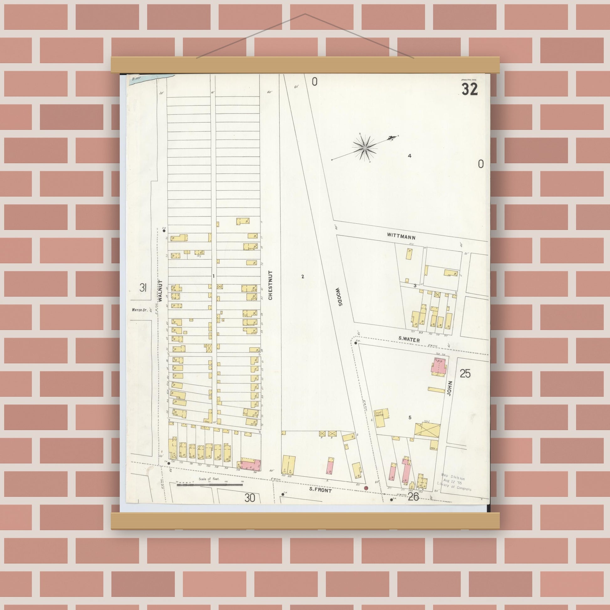 Old map wall art mockup — magnetic wood frame on brick wall — Sanborn Fire Insurance Map from Hamilton, Butler County, Ohio (1899), Sheet #0032