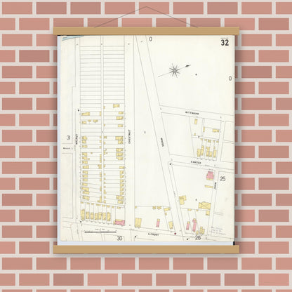 Old map wall art mockup — magnetic wood frame on brick wall — Sanborn Fire Insurance Map from Hamilton, Butler County, Ohio (1899), Sheet #0032