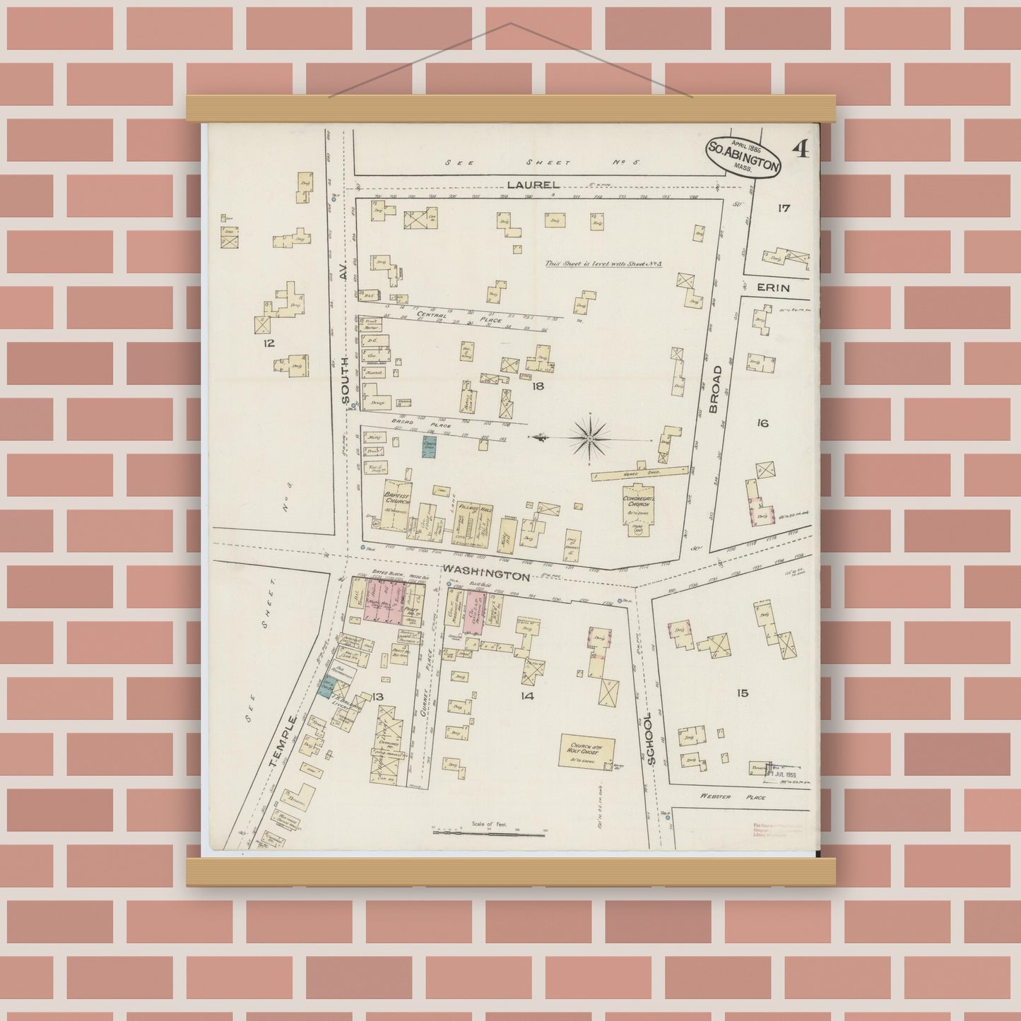 Old map wall art mockup — magnetic wood frame on brick wall — Sanborn Fire Insurance Map from South Abington, Plymouth County, Massachusetts (1885), Sheet #0004