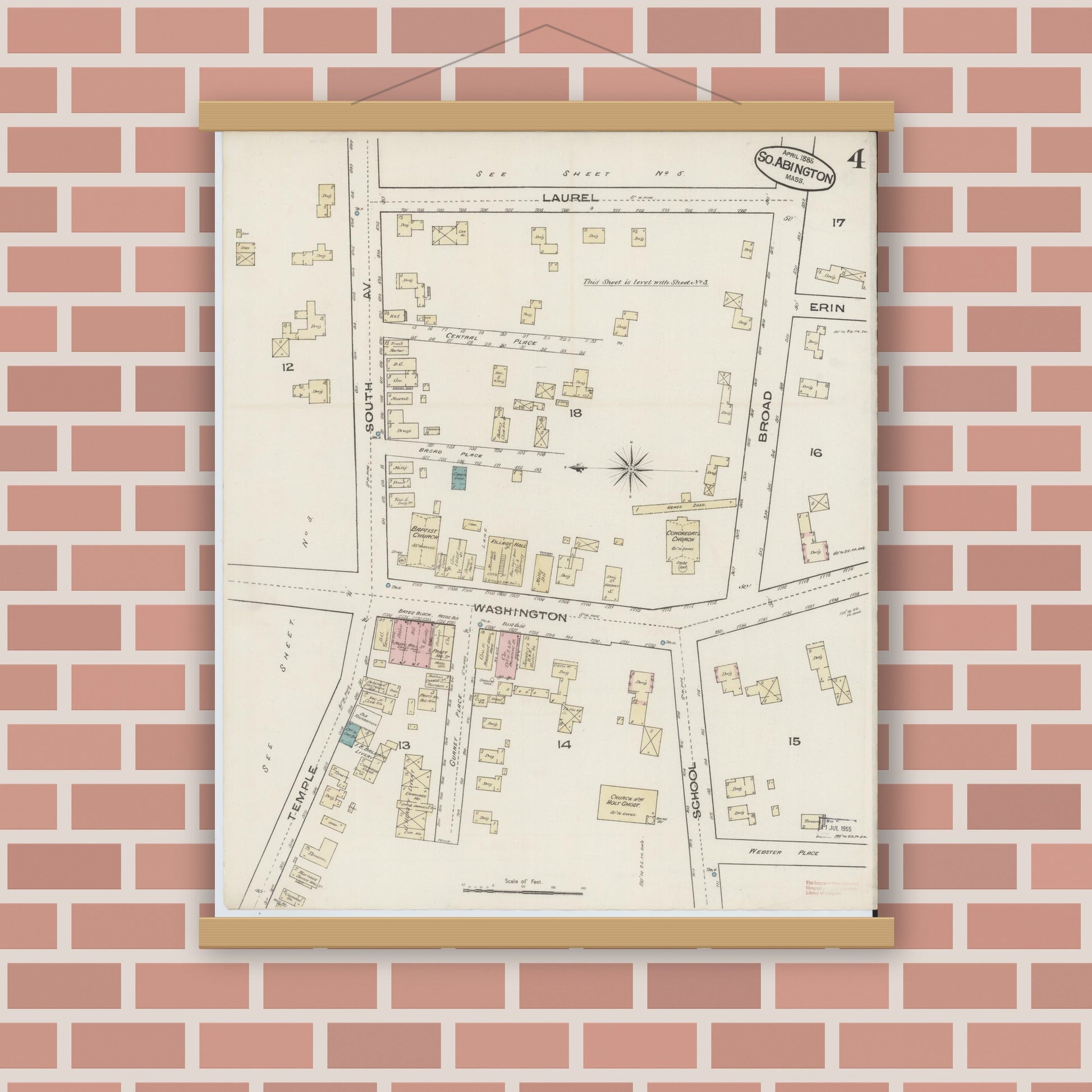 Old map wall art mockup — magnetic wood frame on brick wall — Sanborn Fire Insurance Map from South Abington, Plymouth County, Massachusetts (1885), Sheet #0004