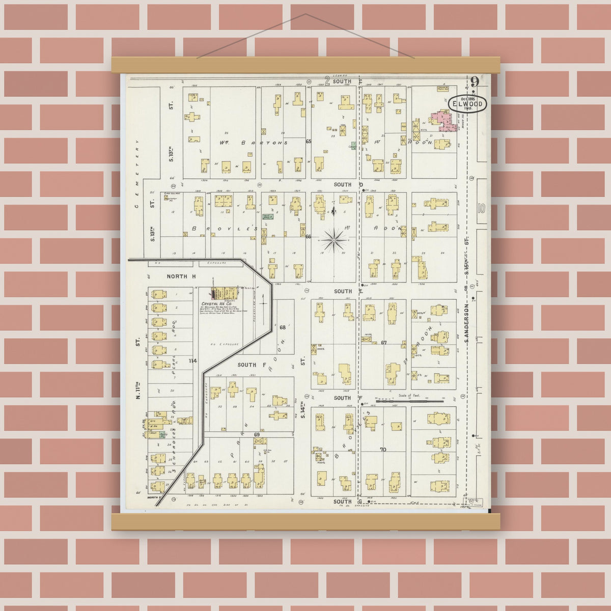 Old map wall art mockup — magnetic wood frame on brick wall — Sanborn Fire Insurance Map from Elwood, Madison County, Indiana (1895), Sheet #0009