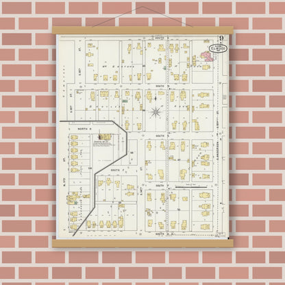 Old map wall art mockup — magnetic wood frame on brick wall — Sanborn Fire Insurance Map from Elwood, Madison County, Indiana (1895), Sheet #0009