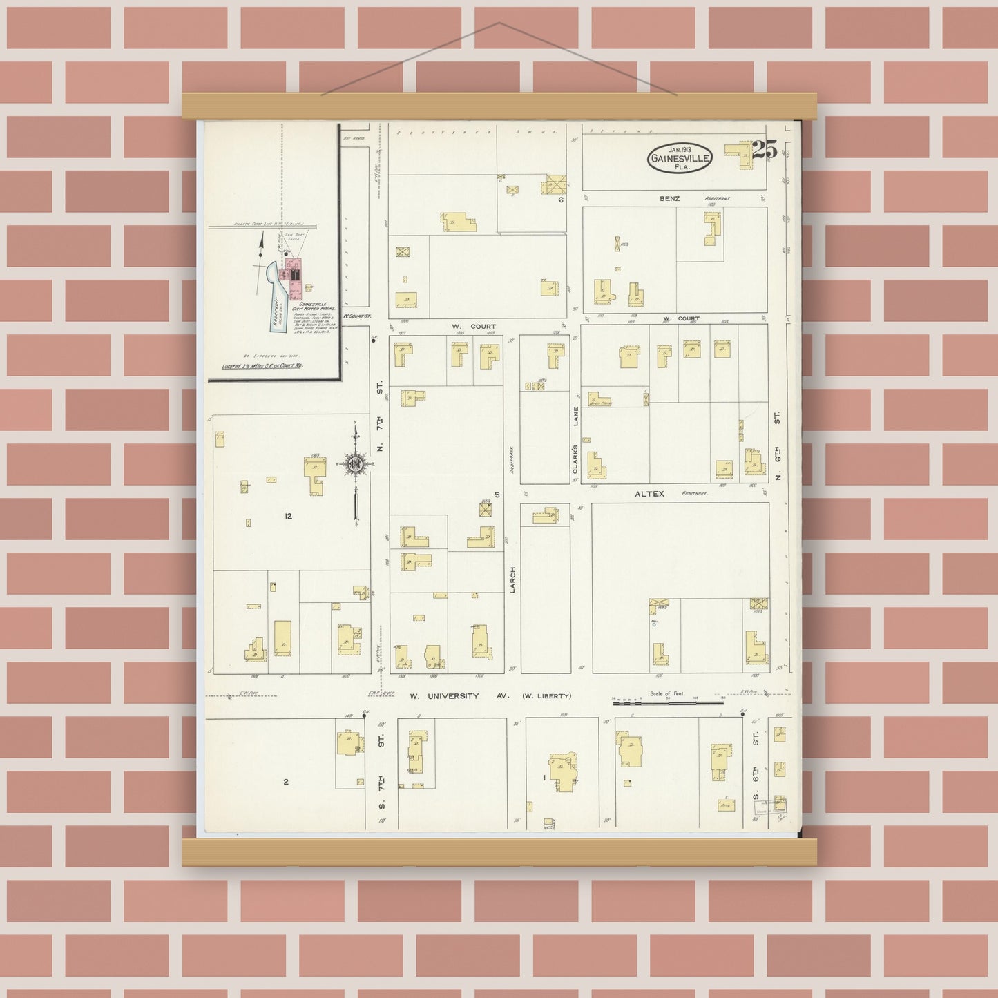 Old map wall art mockup — magnetic wood frame on brick wall — Sanborn Fire Insurance Map from Gainesville, Alachua County, Florida (1913), Sheet #0025