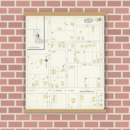Old map wall art mockup — magnetic wood frame on brick wall — Sanborn Fire Insurance Map from Gainesville, Alachua County, Florida (1913), Sheet #0025