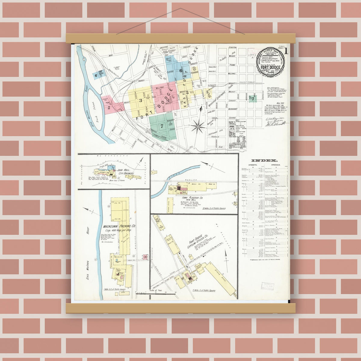 Old map wall art mockup — magnetic wood frame on brick wall — Sanborn Fire Insurance Map from Fort Dodge, Webster County, Iowa (1892) â€” Complete Set