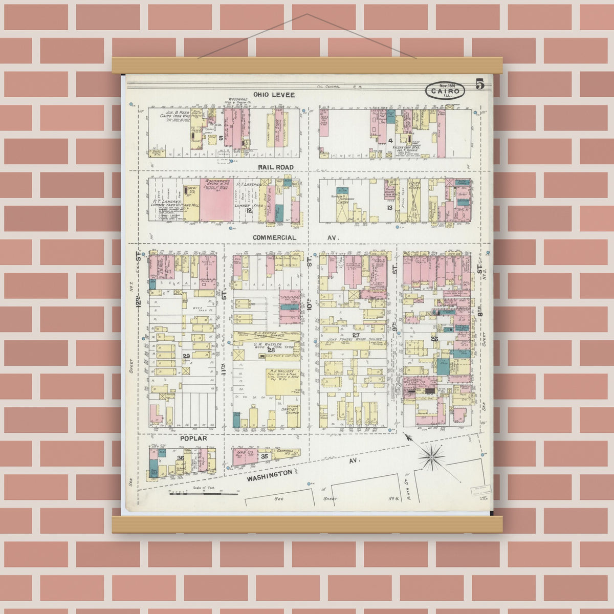 Old map wall art mockup — magnetic wood frame on brick wall — Sanborn Fire Insurance Map from Cairo, Alexander County, Illinois (1891), Sheet #0005