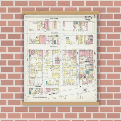 Old map wall art mockup — magnetic wood frame on brick wall — Sanborn Fire Insurance Map from Cairo, Alexander County, Illinois (1891), Sheet #0005