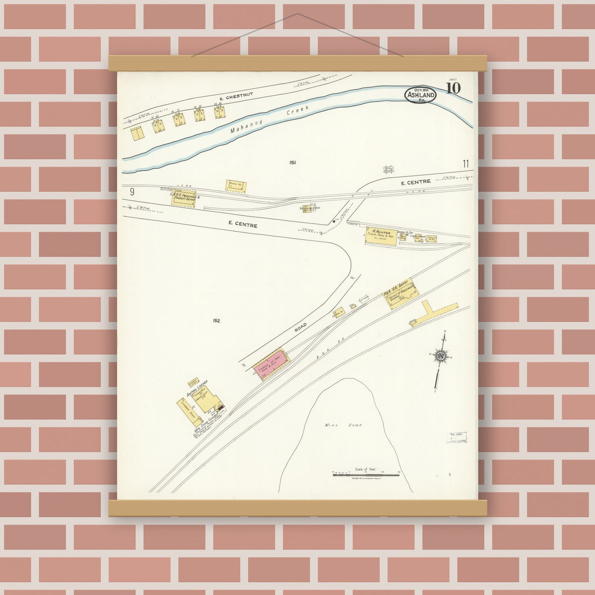 Old map wall art mockup — magnetic wood frame on brick wall — Sanborn Fire Insurance Map from Ashland, Schuylkill County, Pennsylvania (1921), Sheet #0010