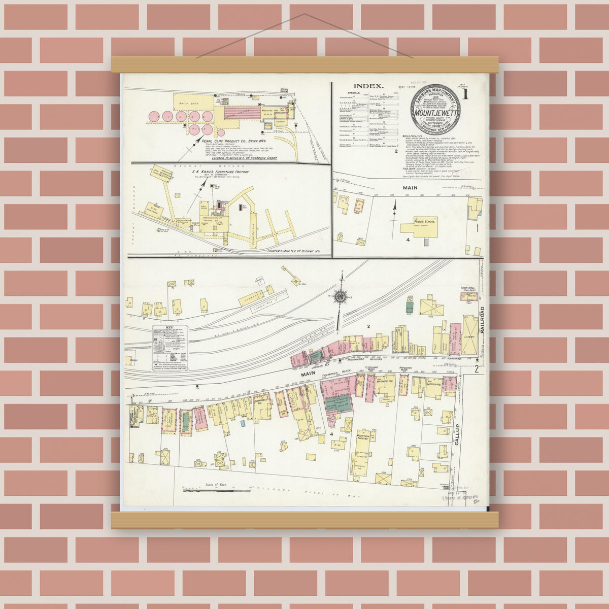 Old map wall art mockup — magnetic wood frame on brick wall — Sanborn Fire Insurance Map from Mount Jewett, McKean County, Pennsylvania (1909) - Complete Map Set