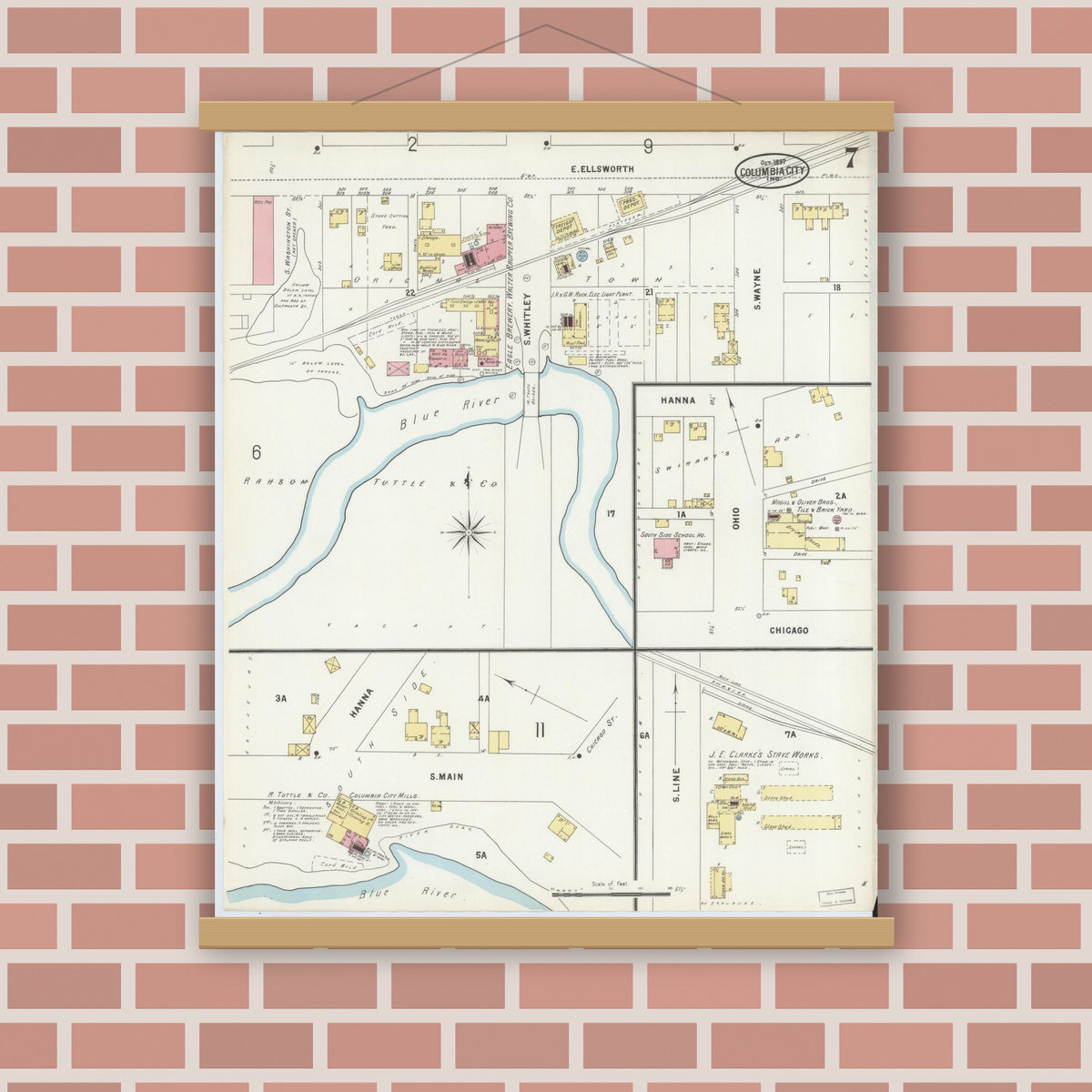 Old map wall art mockup — magnetic wood frame on brick wall — Sanborn Fire Insurance Map from Columbia City, Whitley County, Indiana (1897), Sheet #0007