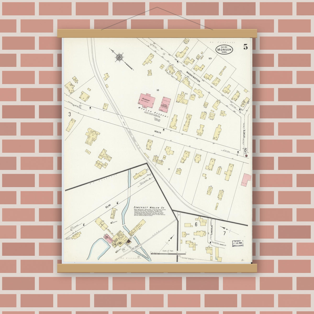Old map wall art mockup — magnetic wood frame on brick wall — Sanborn Fire Insurance Map from Monson, Hampden County, Massachusetts (1911), Sheet #0005