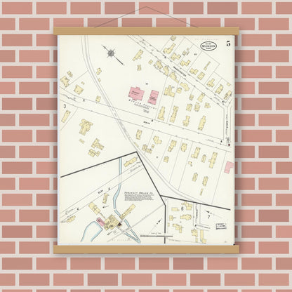 Old map wall art mockup — magnetic wood frame on brick wall — Sanborn Fire Insurance Map from Monson, Hampden County, Massachusetts (1911), Sheet #0005