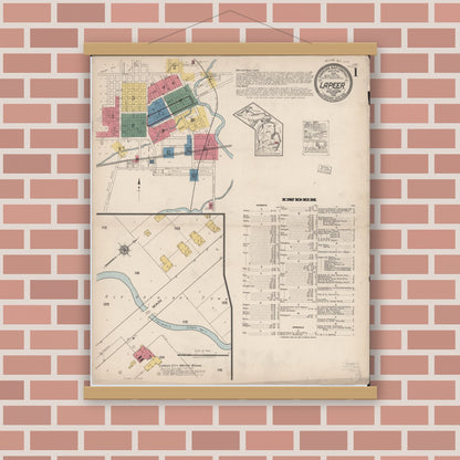 Old map wall art mockup — magnetic wood frame on brick wall — Sanborn Fire Insurance Map from Lapeer, Lapeer County, Michigan (1922) - Complete Map Set