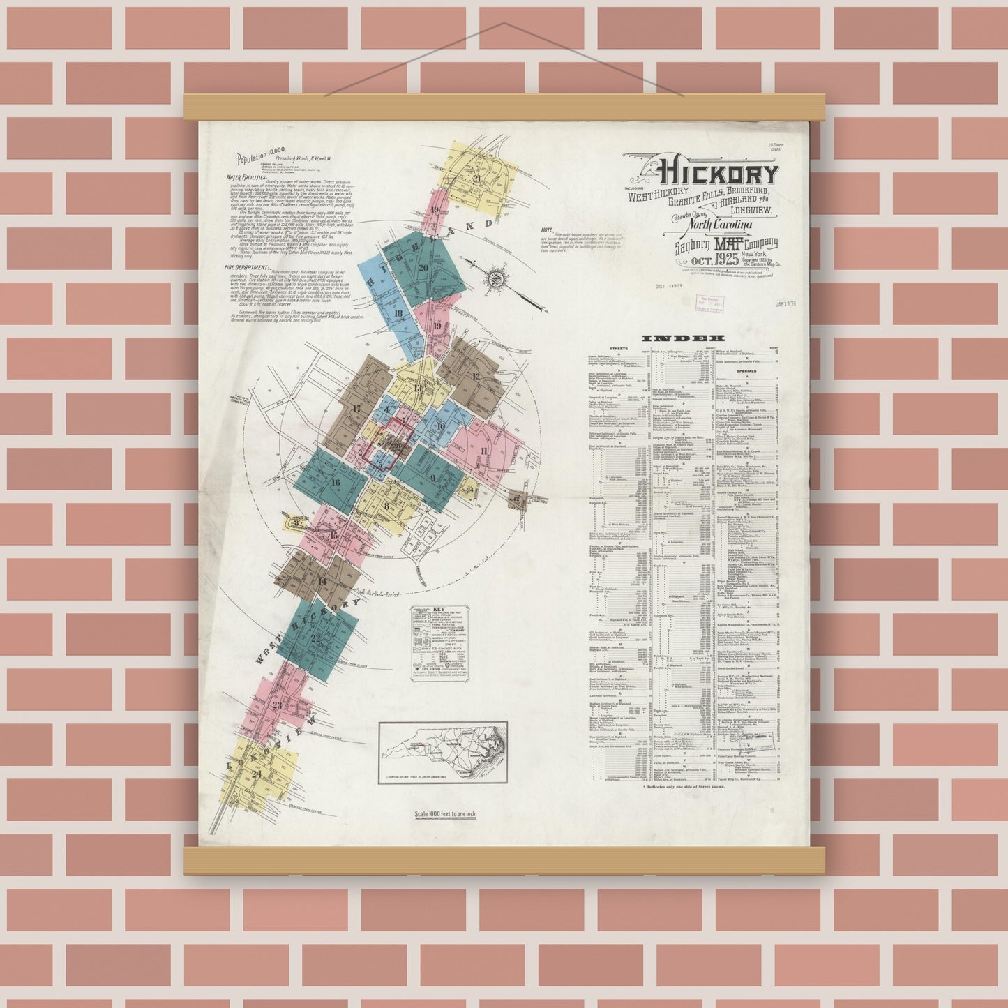 Old map wall art mockup — magnetic wood frame on brick wall — Sanborn Fire Insurance Map from Hickory, Catawba County, North Carolina (1925) - Complete Map Set