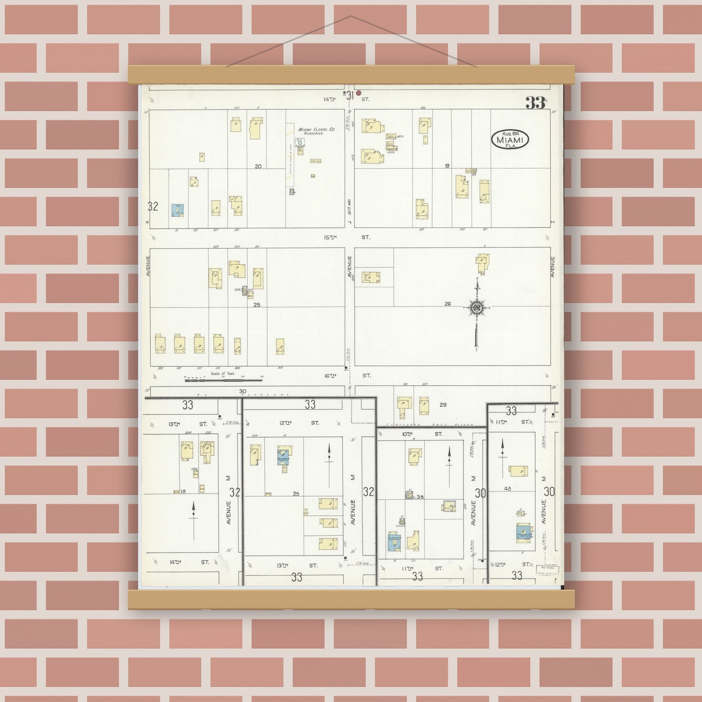 Old map wall art mockup — magnetic wood frame on brick wall — Sanborn Fire Insurance Map from Miami, Dade County, Florida (1914), Sheet #0033