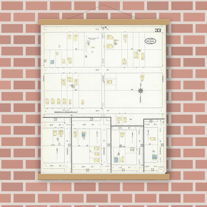 Old map wall art mockup — magnetic wood frame on brick wall — Sanborn Fire Insurance Map from Miami, Dade County, Florida (1914), Sheet #0033