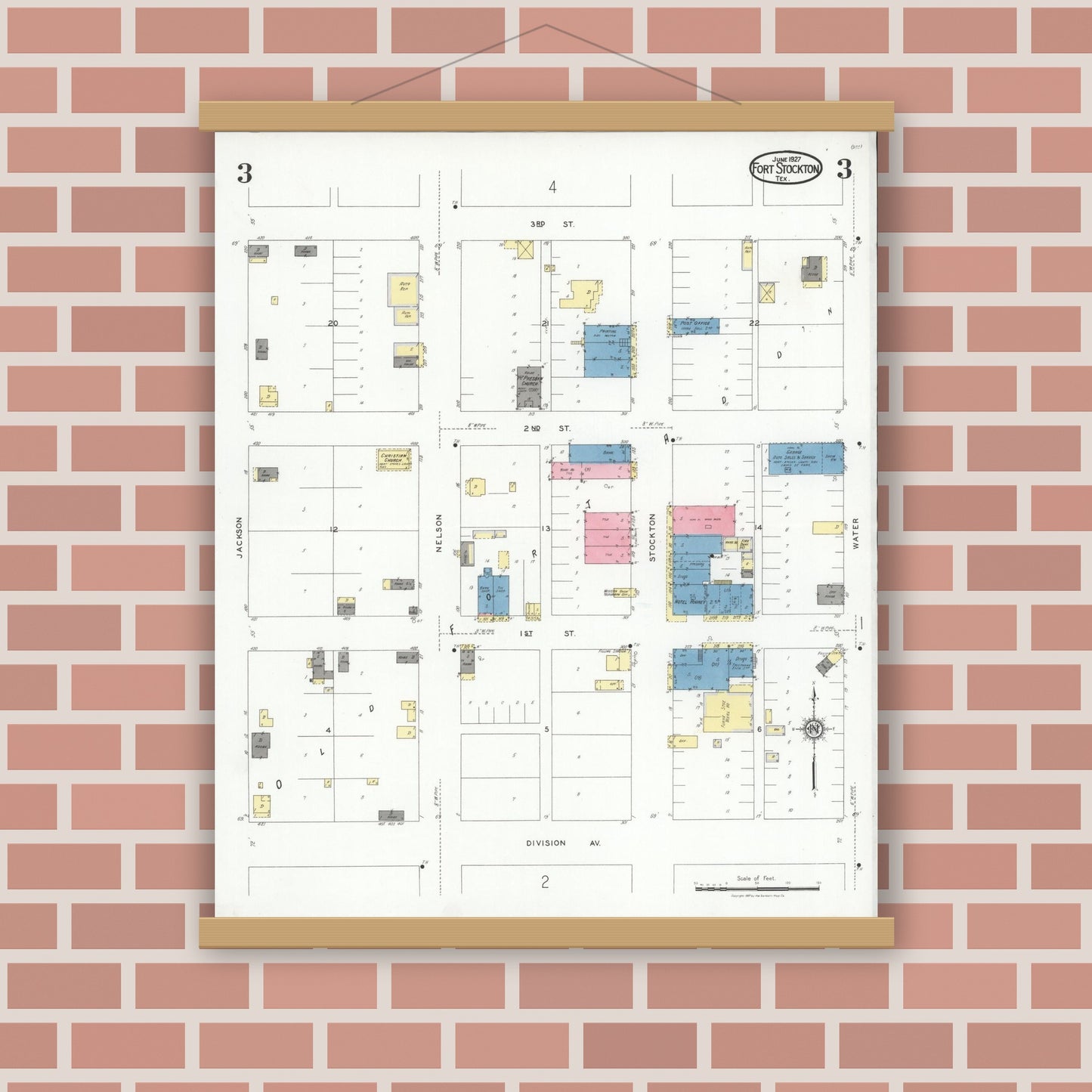 Old map wall art mockup — magnetic wood frame on brick wall — Sanborn Fire Insurance Map from Fort Stockton, Pecos County, Texas (1927), Sheet #0003