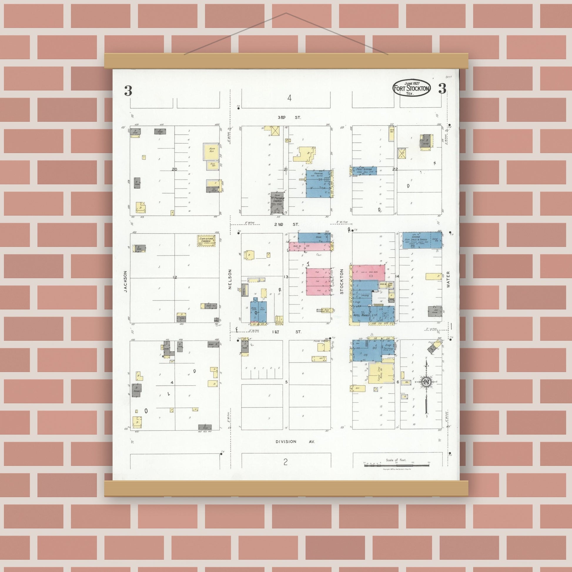 Old map wall art mockup — magnetic wood frame on brick wall — Sanborn Fire Insurance Map from Fort Stockton, Pecos County, Texas (1927), Sheet #0003